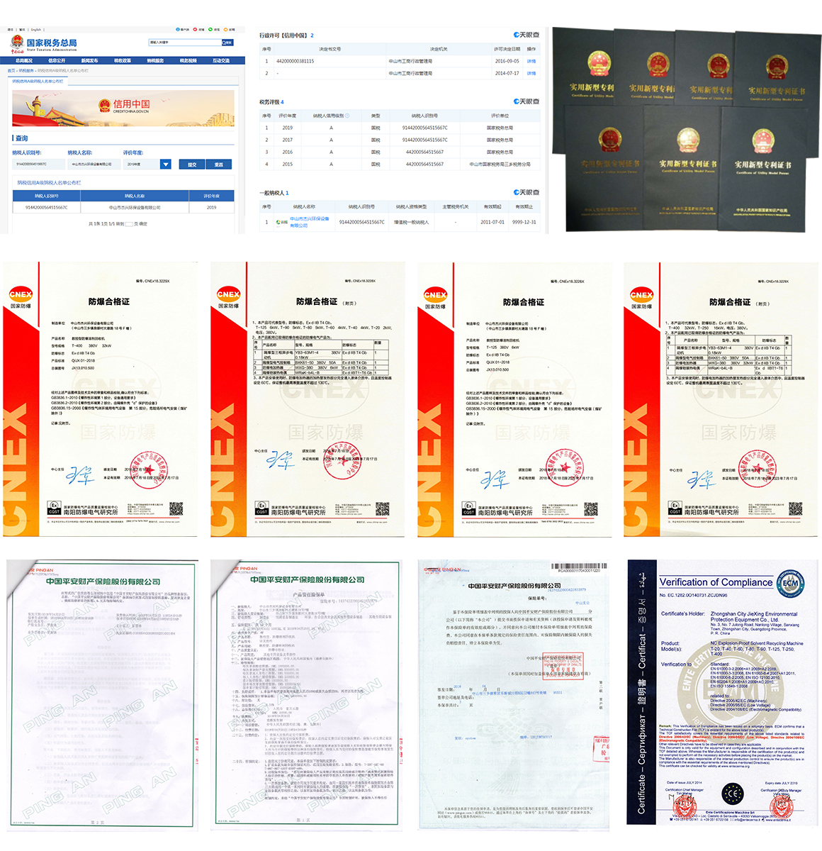 通过整机防爆认证的溶剂回收机与各项专利证书